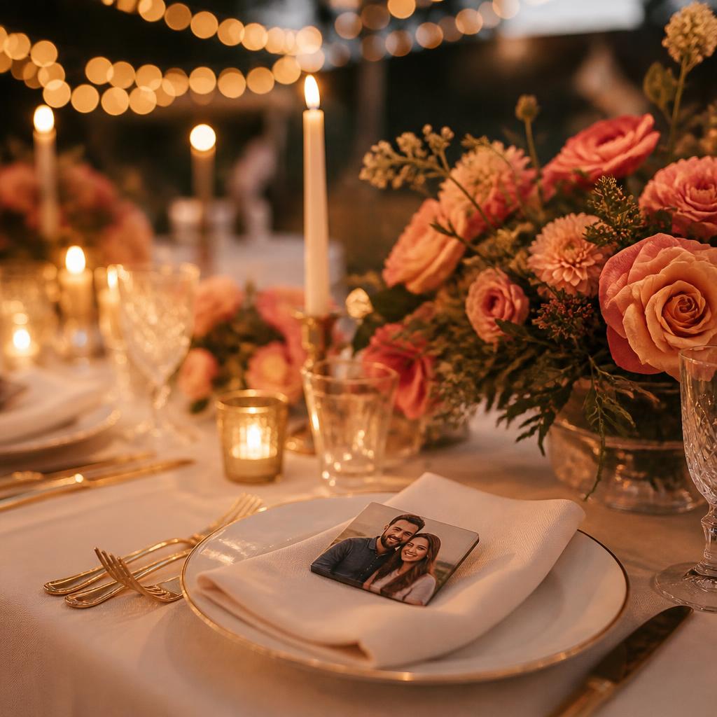 Wedding reception place setting with a square photo magnet favor of a couple